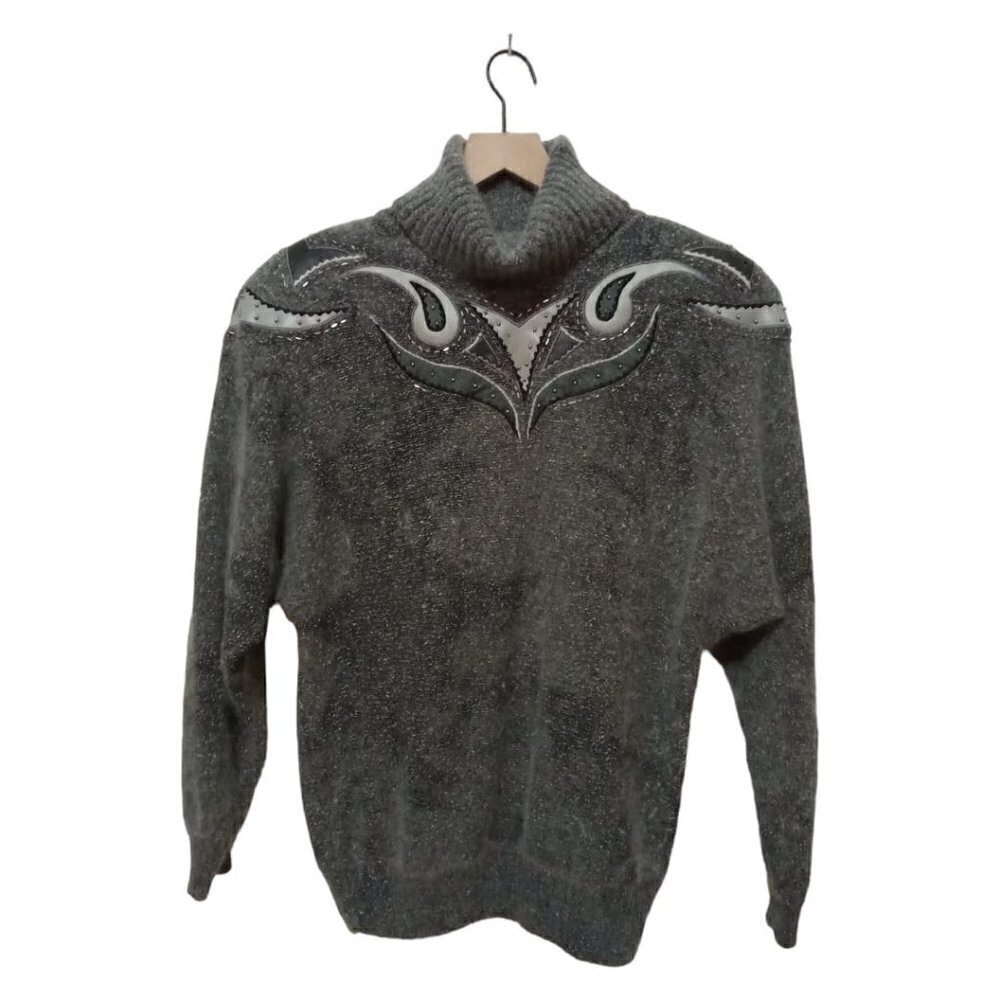 Rediffusion Vintage Silk Angora Beaded Embroidered Turtleneck Sweater Sz L